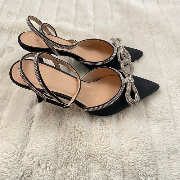Nwob Rhinestone Bow Pointy Toe Satin Heels Black Silver Size 10 - Picture 4 of 16